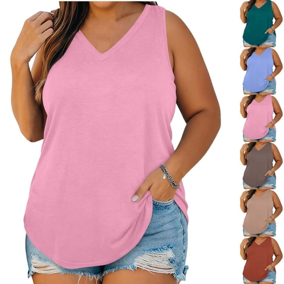 Lonomox Women's Plus Size V Neck Tank Tops Solid Color Sleeveless Curved Hem Tops Casual Everyday Layering Shirts