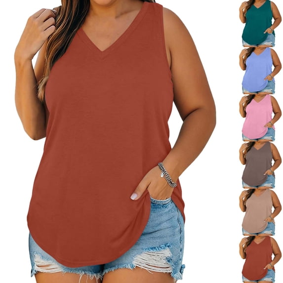 Lonomox Women's Plus Size V Neck Tank Tops Solid Color Sleeveless Curved Hem Tops Casual Everyday Layering Shirts