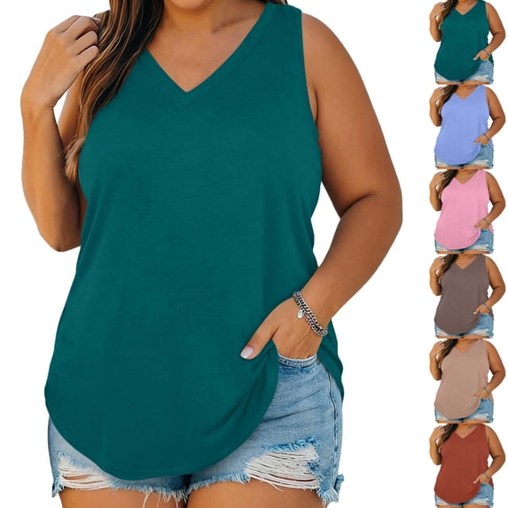 Lonomox Women's Plus Size V Neck Tank Tops Solid Color Sleeveless Curved Hem Tops Casual Everyday Layering Shirts