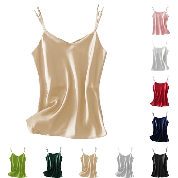 Lonomox Women's Satin Spaghetti Strap Tank Tops V Neck Double Thin Straps Camisole Casual Pullover Shirts for Daily Layering