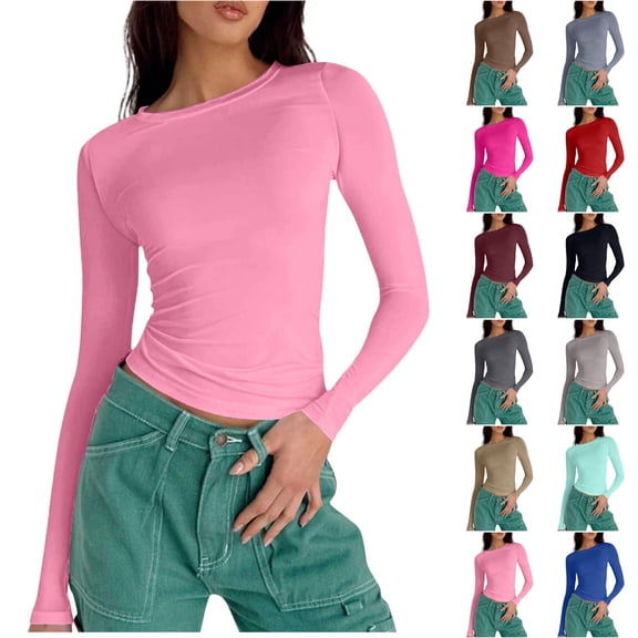 Lonomox Women's Solid Color Crew Neck Cropped Tops Long Sleeve Casual Shirts Slim Fit Basic T Shirts