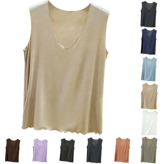Lonomox Women's V Neck Sleeveless Tank Tops Modal Solid Color Wavy Hem Shirts Layering Basic Pullover Tops