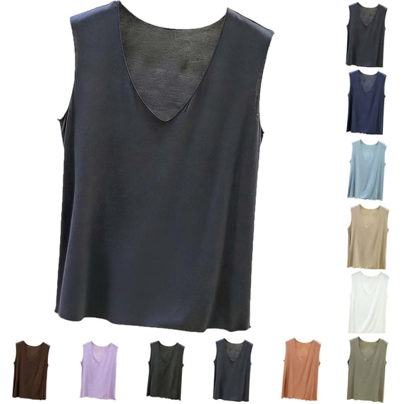 Lonomox Women's V Neck Sleeveless Tank Tops Modal Solid Color Wavy Hem Shirts Layering Basic Pullover Tops