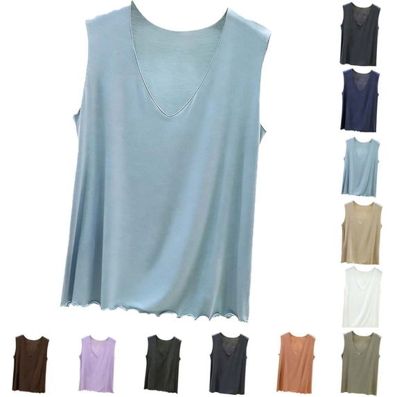 Lonomox Women's V Neck Sleeveless Tank Tops Modal Solid Color Wavy Hem Shirts Layering Basic Pullover Tops