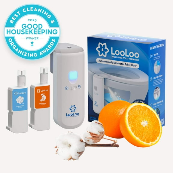 LooLoo Automatic Touchless Toilet Spray Starter Kit (Dispenser and 2 Fragrance Bottles) - Citrus Fresh and Clean Cotton Fragrance