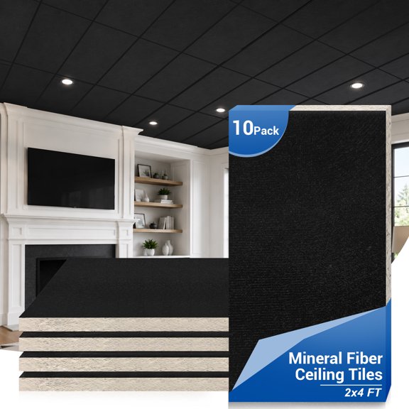 LooYee 10 PCS 2x4 Ft Mineral Fiber Black Acoustic Ceiling Tiles 24x48 Inch Moisture-Proof and Flame-Retardant Suspended Ceiling Panels Ideal for Basement Home Theater Commercial Space Cover 80 Sq.Ft