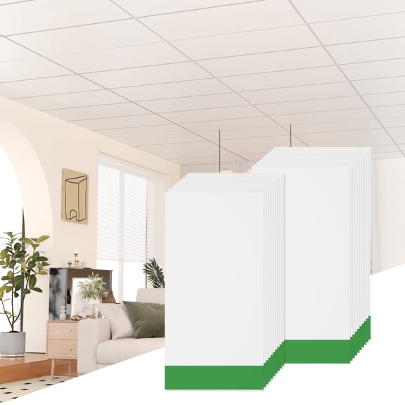 LooYee 12 pcs 2ft x 4ft Smooth Drop Ceiling Tile - Fire-Rated, Waterproof, Reusable - Premium PVC, No Sag and Breakage - Cover 96 Sq. Ft, White