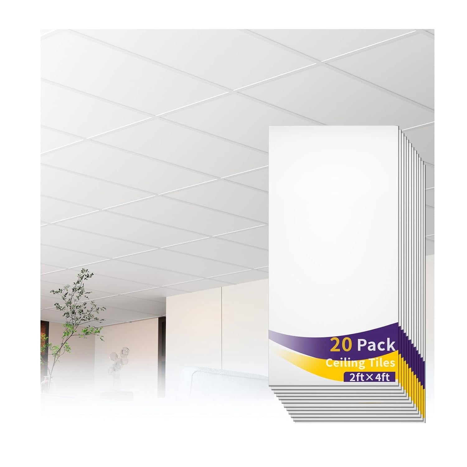 LooYee 20 pcs 2ft x 4ft Smooth Drop Ceiling Tile - Fire-Rated ...