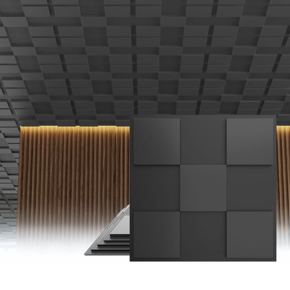 LooYee 24 PCS 2x2 FT Black Cross-Shaped Block Design Decorative Ceiling Tiles, 24x24 Inch 3D Modern Ceiling Panels, PVC Waterproof Cuttable Material Ideal for Living Room Bedroom Cover 96 Sq.Ft