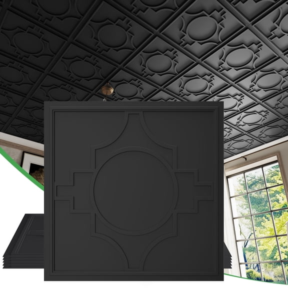 LooYee 24 PCS 2x2 FT Black Geometric Circle Cross Decorative Ceiling Tiles, 24x24 Inch 3D Modern Ceiling Panels PVC Waterproof Cuttable Material Ideal for Living Room Bedroom Cover 96 Sq.Ft