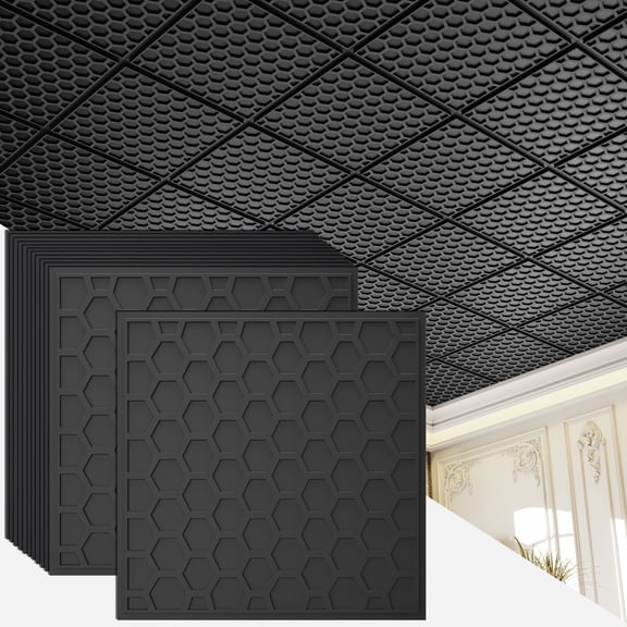 LooYee 24 PCS 2x2 FT Black Honeycomb Decorative Ceiling Tiles, 24x24 Inch 3D Modern Minimalist Ceiling Panels, PVC Waterproof Cuttable Material Ideal for Living Room Bedroom Cover 96 Sq.Ft