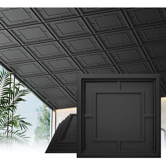 LooYee 24 PCS 2x2 FT Black Return Character Grid Design Decorative Ceiling Tiles, 24x24 Inch 3D Modern Ceiling Panels, PVC Waterproof Cuttable Material Ideal for Living Room Bedroom Cover 96 Sq.Ft