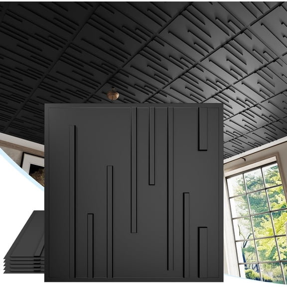 LooYee 24 PCS 2x2 FT Black Vertical Stripe Decorative Ceiling Tiles, 24x24 Inch 3D Modern Minimalist Ceiling Panels, PVC Waterproof Cuttable Material Ideal for Living Room Bedroom Cover 96 Sq.Ft