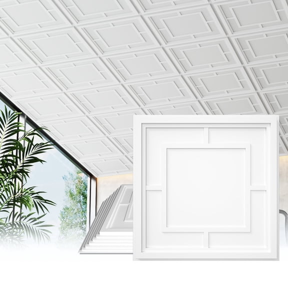 LooYee 24 PCS 2x2 FT Return Character Grid Design Decorative Ceiling Tiles, 24x24 Inch 3D Modern Ceiling Panels, PVC Waterproof Cuttable Material Ideal for Living Room Bedroom Cover 96 Sq.Ft
