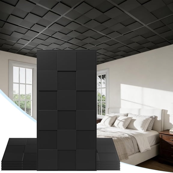 LooYee 24 PCS 2x4 FT Black Cross-Shaped Block Design Decorative Ceiling Tiles, 24x48 Inch 3D Modern Minimalist Ceiling Panels, PVC Waterproof Cuttable Material Ideal for Basement Cover 192 Sq.Ft
