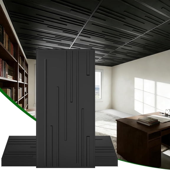 LooYee 24 PCS 2x4 FT Black Vertical Stripe Decorative Ceiling Tiles, 24x48 Inch 3D Modern Minimalist Ceiling Panels, PVC Waterproof Cuttable Material Ideal for Living Room Bedroom Cover 192 Sq.Ft