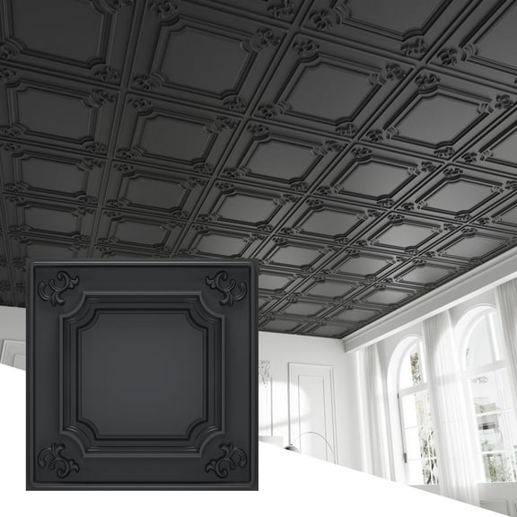 LooYee 24 Pack Black Ceiling Tiles 24x24 Inch, French Style 3D Decorative Ceiling Panels 2x2Ft PVC Waterproof Washable Plastic Material, Cover 96 Sq.Ft