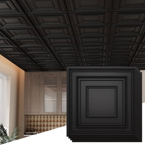 LooYee 24 Pcs 2ft x 2ft Drop Ceiling Tiles, 24"x 24" PVC Glue Up Ceiling Panel Black, Cover 96 Sq. ft