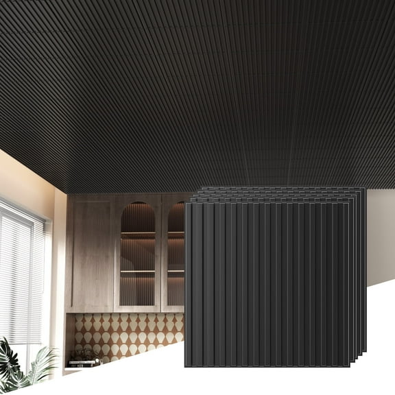 LooYee 24 pcs 2ft x 2ft Drop Ceiling Tiles, 24"x24" PVC Glue Up Ceiling Panel Black, Waterproof PCV Panel, Cover 96 Sq. Ft