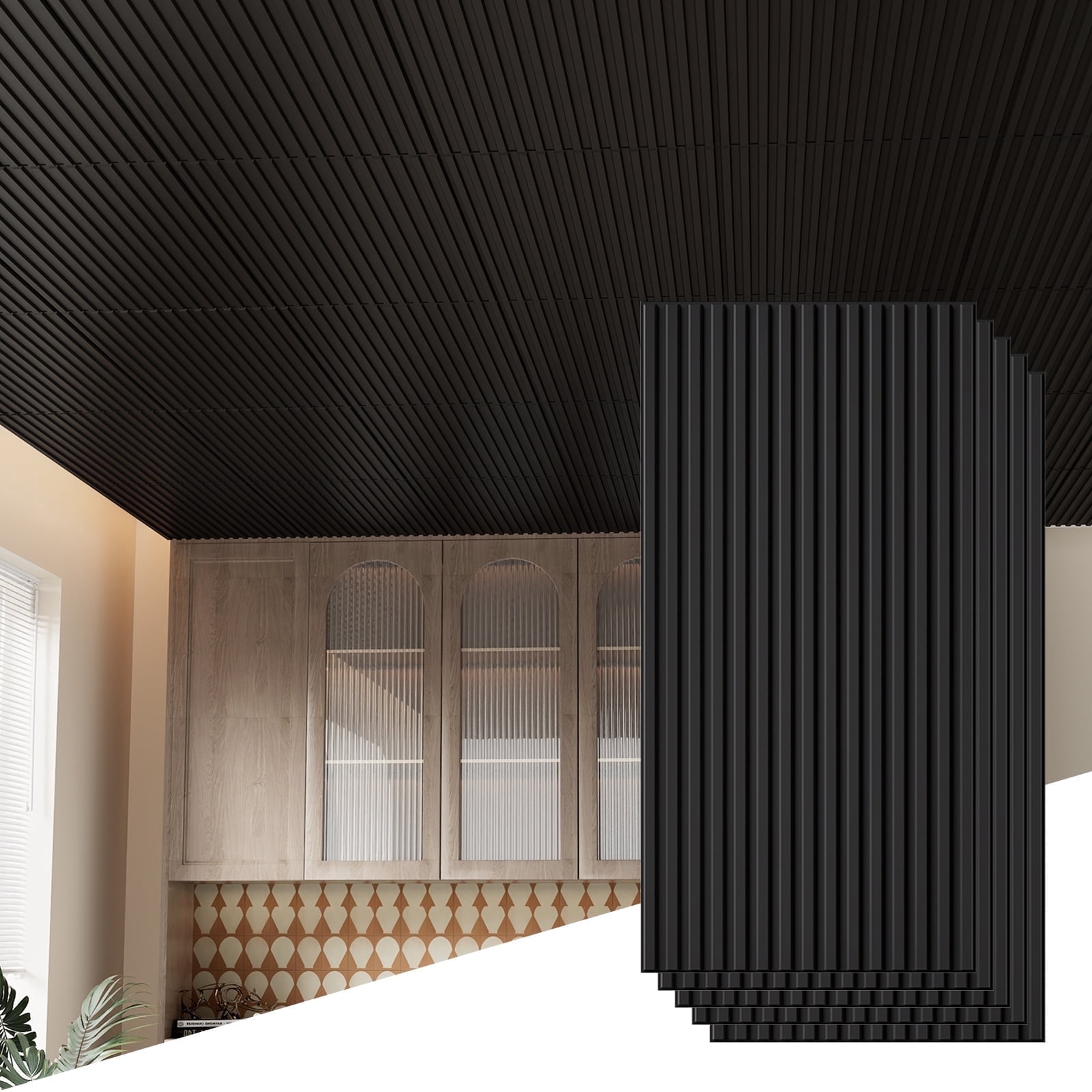 LooYee 24 Pcs 2ft x 4ft Drop Ceiling Tiles, 24"x48" PVC Glue Up Ceiling Panel Black, Waterproof PCV Panel, Cover 192 Sq. Ft