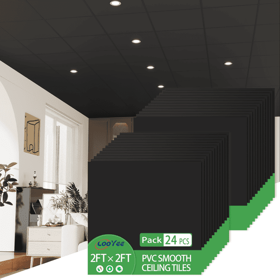LooYee 24" x 24" Smooth Drop Ceiling Tiles 2ft x 2ft, PVC Ceiling Tile - Cover 96 Sq. ft, Black (24 Pack)