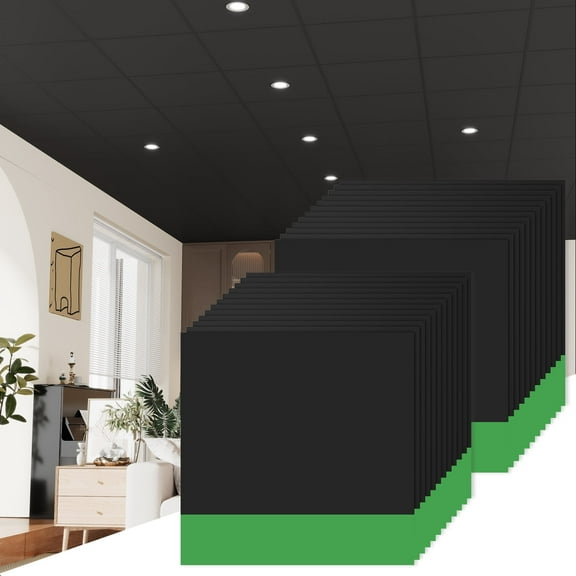 LooYee 24" x 24" Smooth Drop Ceiling Tiles 2ft x 2ft, PVC Ceiling Tile, Ideal for Bathroom Living Room Bedroom - Cover 24 Sq. ft, Black (6 Pack)