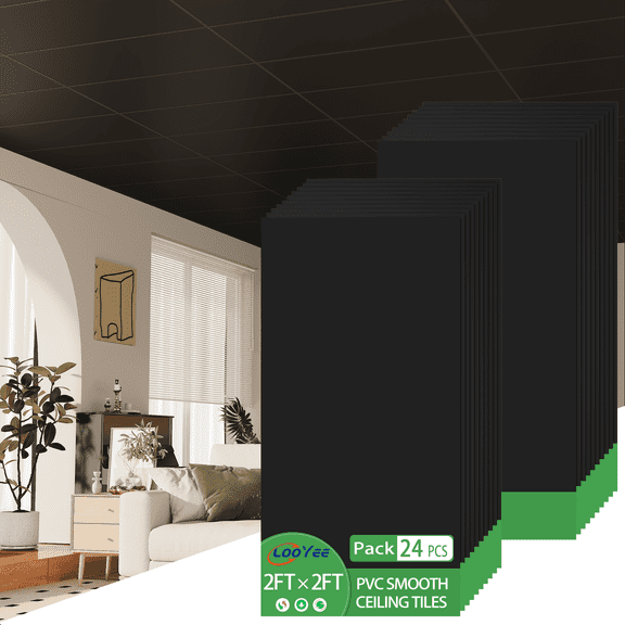 LooYee 2ft x 4ft Smooth Drop Ceiling Tile,24"x 48" PVC Glue Up Ceiling Panel - Cover 160 Sq. ft, Black (Set of 20)