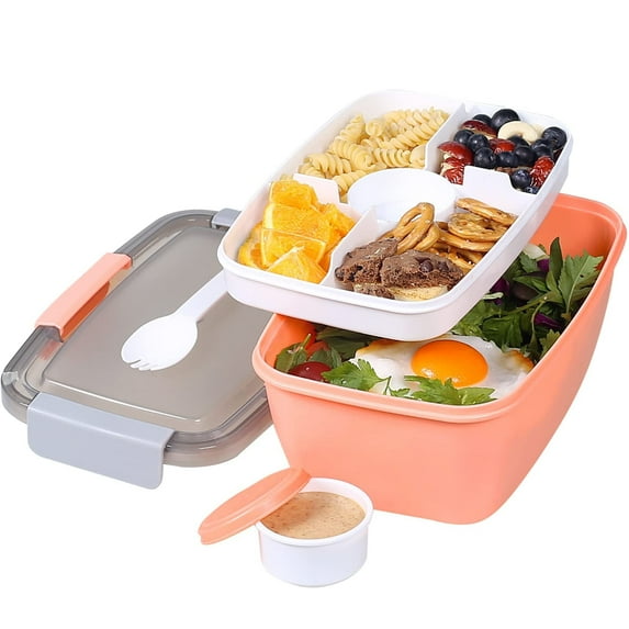 Loobuu 68 oz Salad Container Lunch Container, 3-Compartment Salad Bowl with Dressing Container Microwave Safe, Built-In Spoon & BPA-Free