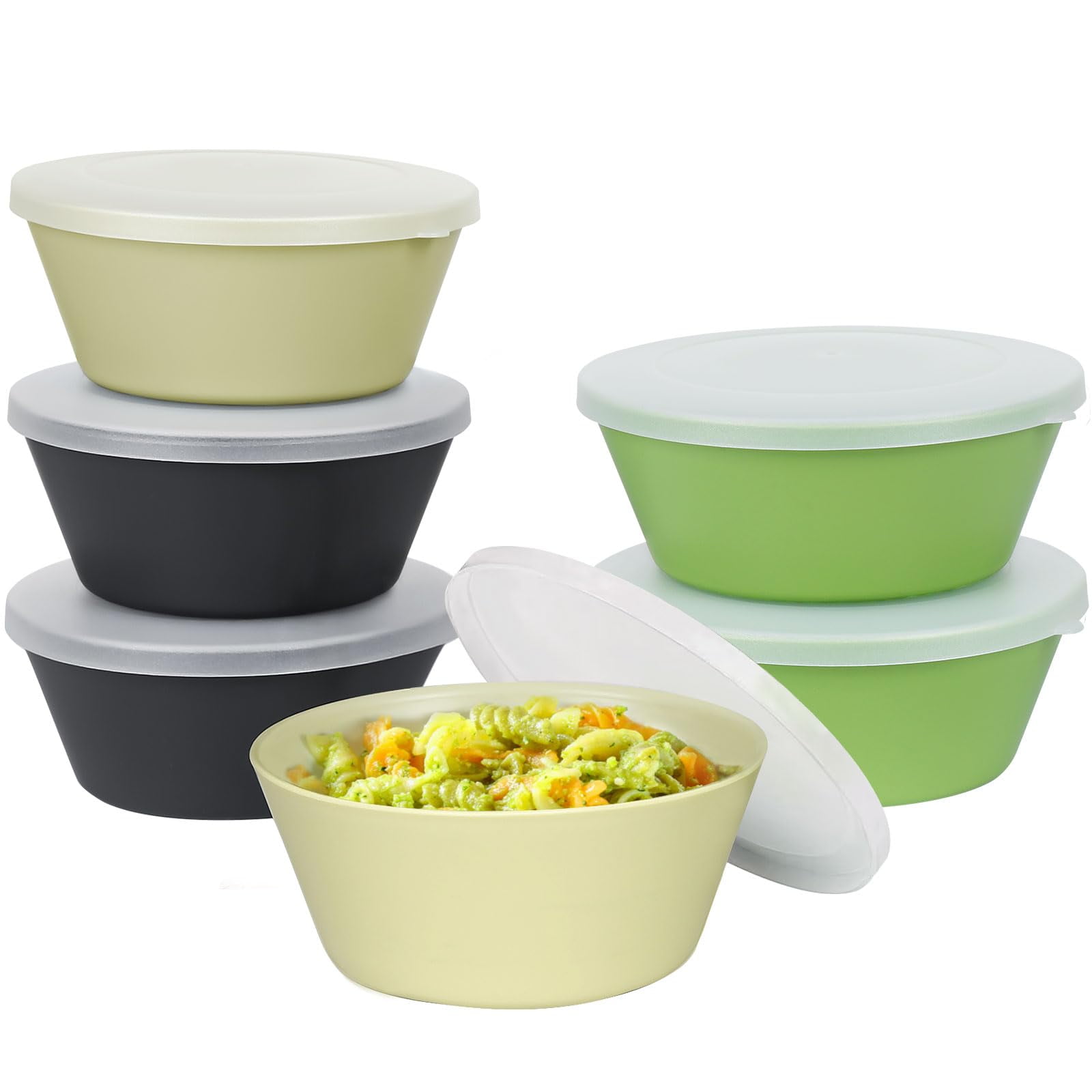 Loobuu Plastic Cereal Bowls with DustProof Lid, Resuable Bowls for Kitchen, Set of 6, Microwave