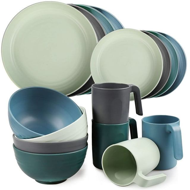 Loobuu 16PCS Plastic Dinnerware Set Unbreakable, Microwave Safe, BPA
