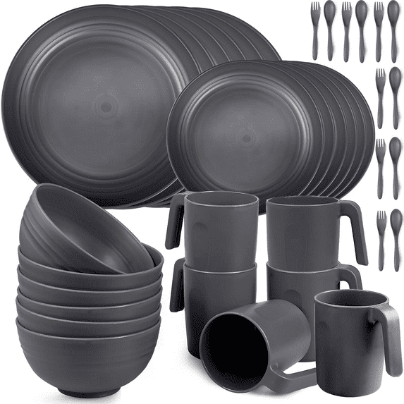 Loobuu Plastic Dinnerware Sets (36PCS) - Lightweight & Unbreakable Dinnerware Set - Microwave Safe Plates Set, Bowls, Cups Mugs, Service for 6, Great for Kids & Adult (Grey)