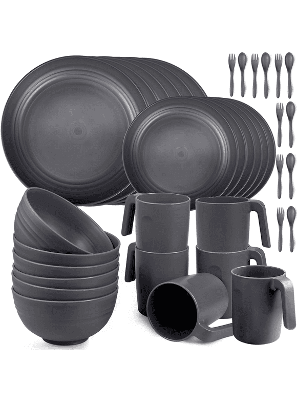 Loobuu Plastic Dinnerware Sets (36PCS) - Lightweight & Unbreakable Dinnerware Set - Microwave Safe Plates Set, Bowls, Cups Mugs, Service for 6, Great for Kids & Adult (Grey)