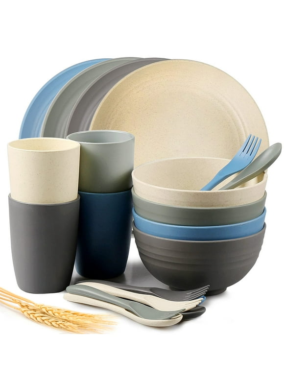 Loobuu Wheat Straw Dinnerware Sets (20PCS) - Lightweight & Unbreakable Dinnerware Set - Microwave Safe Plates Set, Bowls, Cups, Forks and Spoons, Service for 4, Great for Kids & Adult