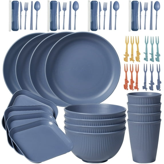 Loobuu Wheat Straw Dinnerware Sets (48PCS ) - Lightweight & Unbreakable Microwave Safe Plates Set, Bowls, Cups, Forks and Spoons, Service for 4 (Blue)