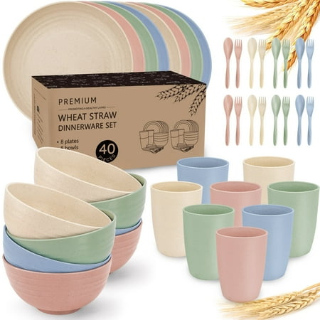Loobuu Wheat Straw Dinnerware Sets for 8, 40 PCS Multi-Color Microwave Unbreakable Plates and Bowls Sets for Camping, Kitchen, RV