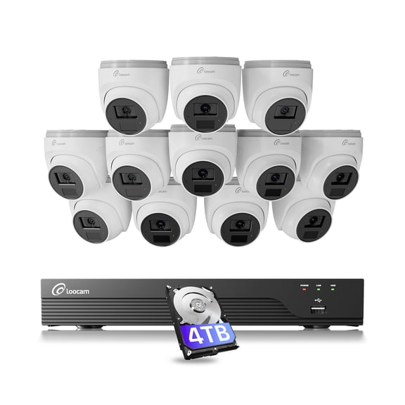 Loocam 16 Channel 4K PoE Camera System 4TB Hard Drive, 12PCS 8MP PoE IP Dome Cameras, 2-Way Audio, Smart AI Detection