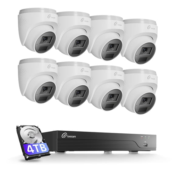 Loocam 16 Channel 4K PoE Camera System 4TB Hard Drive, 8 8MP PoE IP Dome Cameras, 2-Way Audio, Smart AI Detection