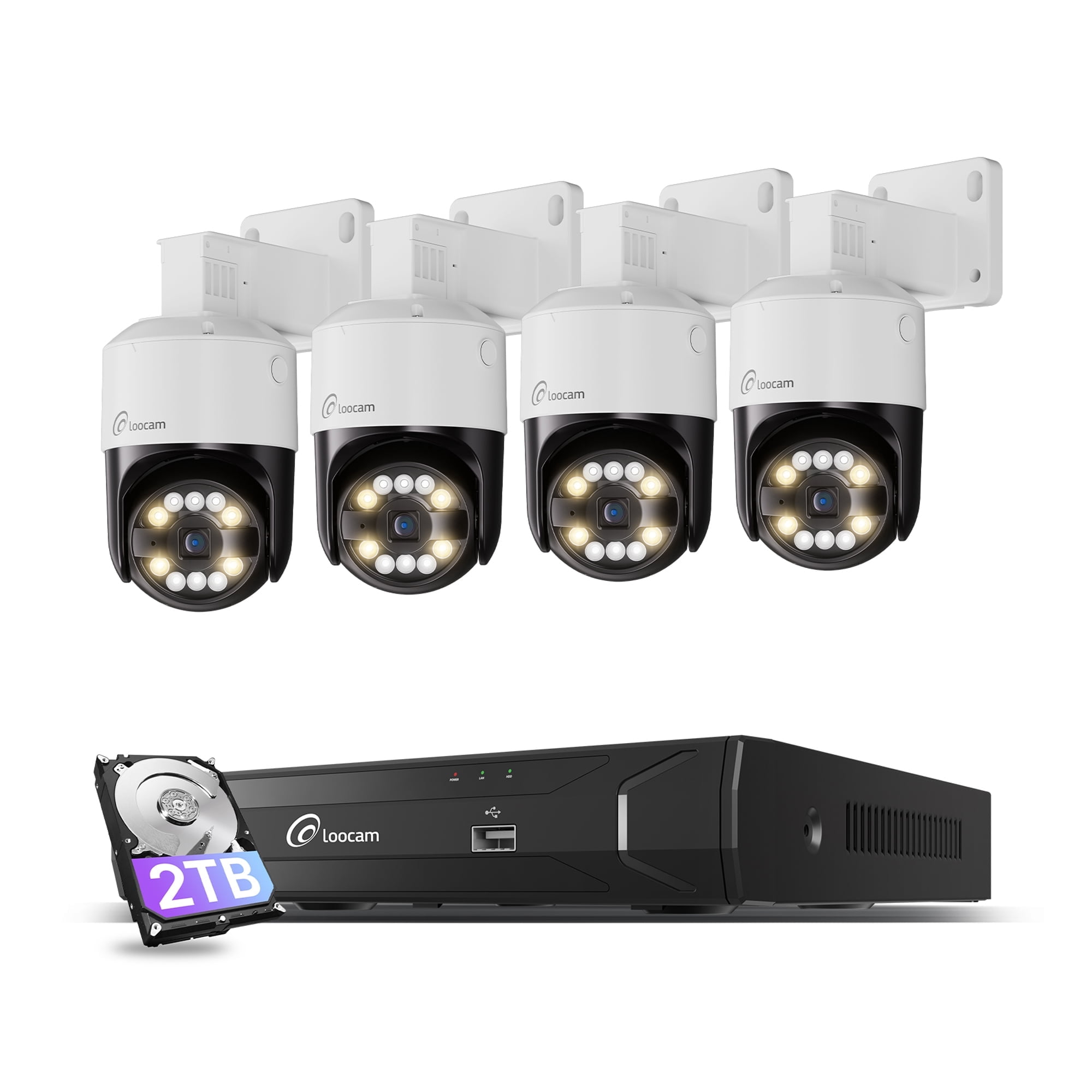 Loocam 8 Channel 4K PoE NVR Security Camera System with 2TB Hard Drive and 4pcs 5MP Wired 355° Pan & 140° Tilt Spotlight Cameras