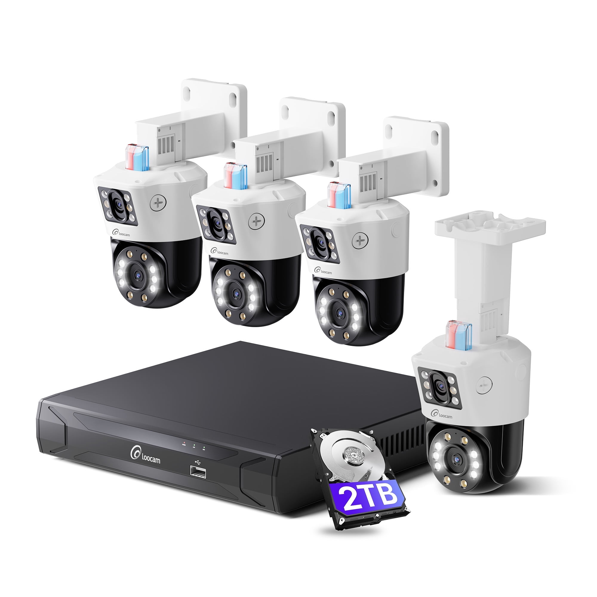 Loocam Dual-Lens 4K PoE Security Camera System, 4pcs Pan/Tilt CCTV Wired PoE IP Camera Outdoor Indoor, AI Person/Vehicle, Spotlight Siren, Color Night Vision, 8CH 8MP NVR with 2TB HDD
