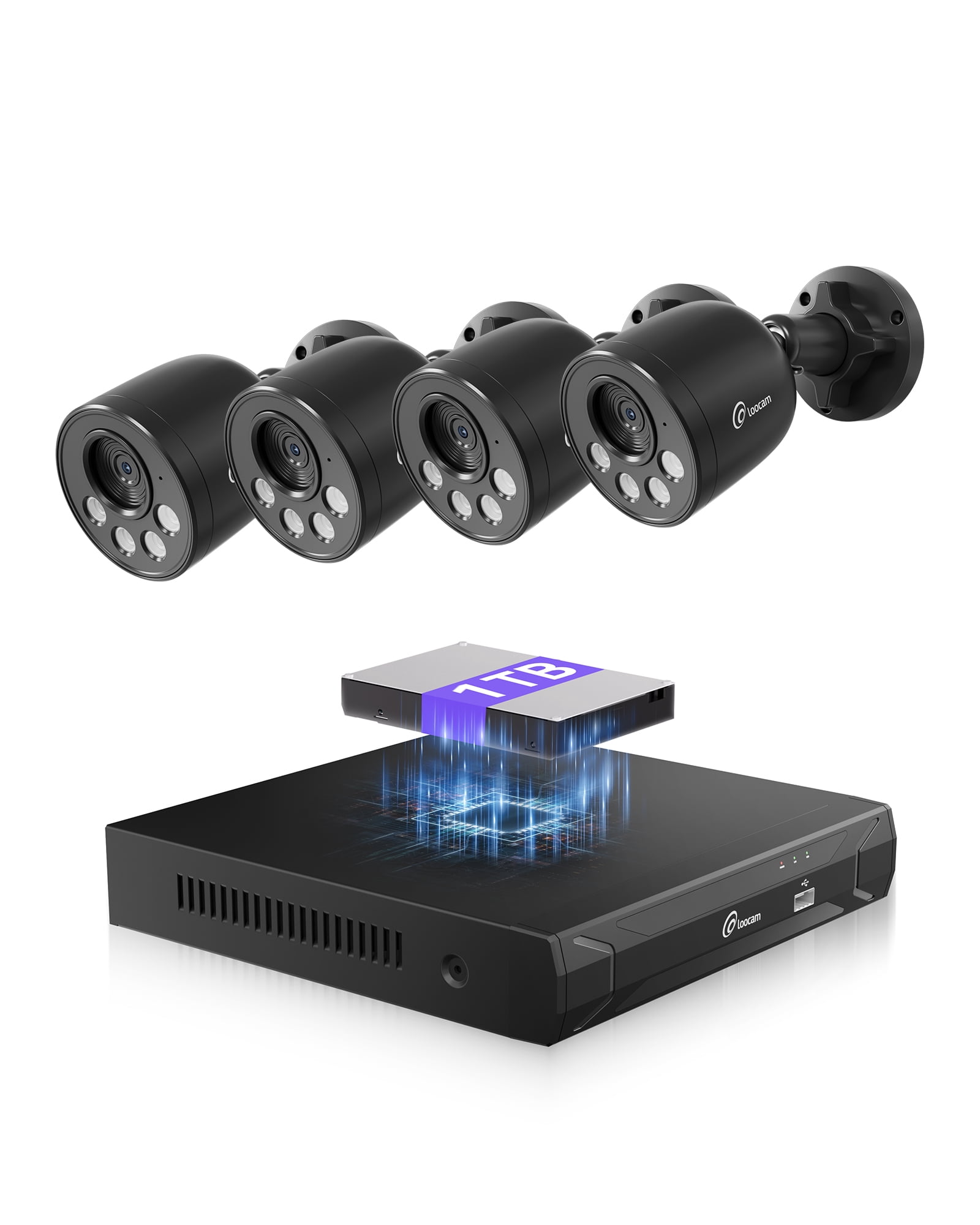 Loocam PoE CCTV System 8CH H.265+ NVR With 1TB HDD, 4PCS Wired 25fps PoE Camera AI Human Vehicle Detection,Outdoor For House Garden Shop Security,Plug&Play,24/7 Recording