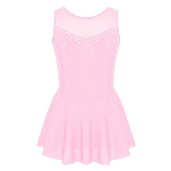 Loodgao Girls Shiny Rhinestone Mesh Splice Figure Ice Skating Dress Gymnastics Ballet Dance Leotard Skirt Pink 12