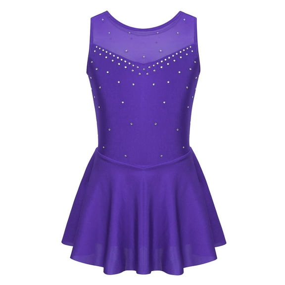 Loodgao Girls Shiny Rhinestone Mesh Splice Figure Ice Skating Dress Gymnastics Ballet Dance Leotard Skirt Violet 14