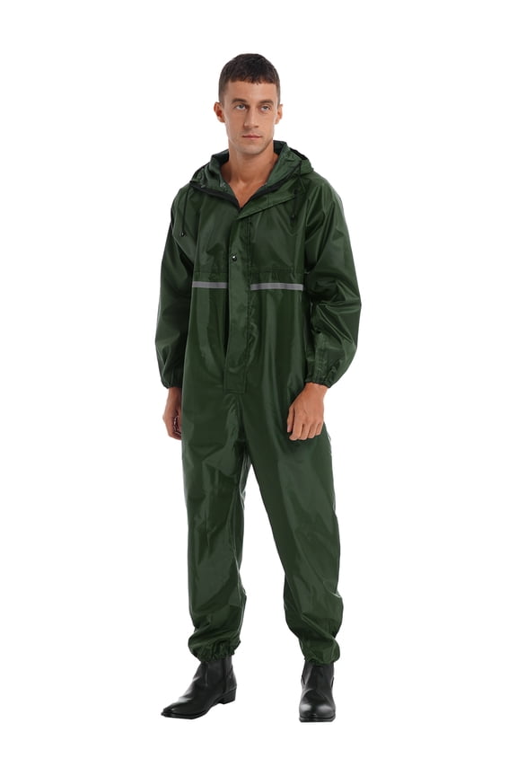 Mens Waterproof Overalls Workwear Reflective Strip Hooded Coverall Overall Motorcycle Rain Dark Green 170/L