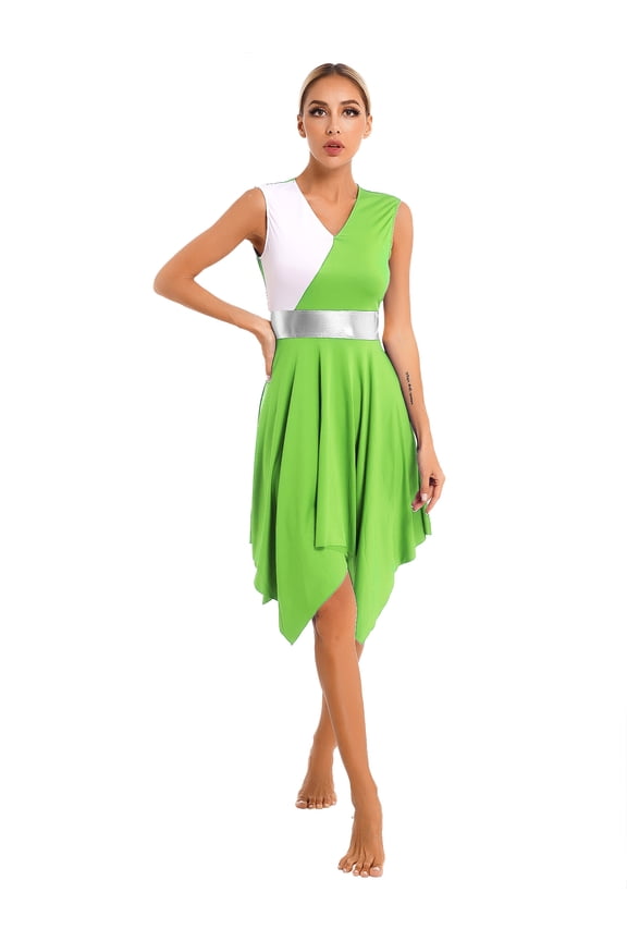Praise Dance Dress for Women Asymmetrical Color Block Tunic Liturgical Dancewear Worship Light Green XXL