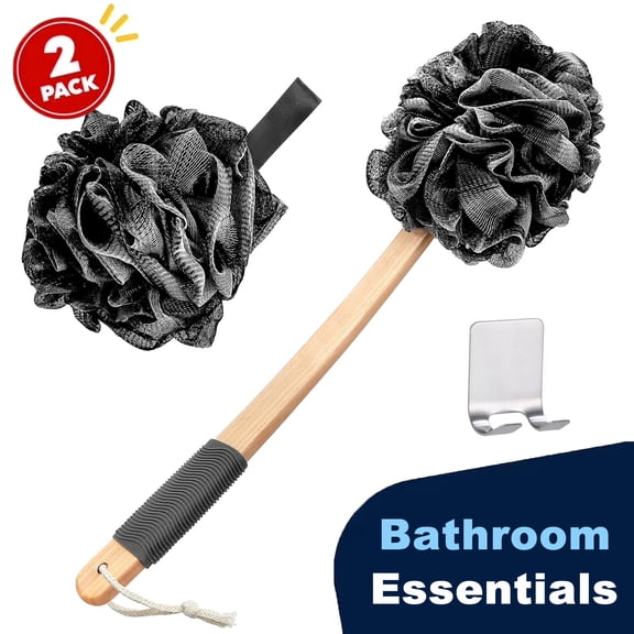 Loofah Back Scrubber for Shower | Bamboo Charcoal Fiber Infused | Shower Brush for Men & Women | Includes 1 Long Handled Shower Sponge, 1 Bath & Shower Luffa Pouf & 1 Hook to Hang Stuff