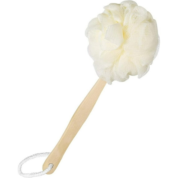 Loofah Back Scrubber for Shower,Bath Mesh Ball Shower Brush for Shower with Long Handle, Loofah on a Stick for Exfoliating, Mesh Back Cleaner Washer for Women & Men (White)