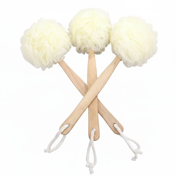 Loofah Back Scrubber for Shower, Wooden Long Handle Bath Sponge Lufa Shower Brush, Soft Nylon Mesh Back Cleaner Washer, Women & Men Exfoliating Luffa Pouf on a Stick for Body