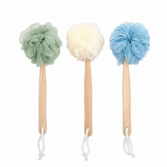 Loofah Back Scrubber for Shower, Wooden Long Handle Bath Sponge Lufa Shower Brush, Soft Nylon Mesh Back Cleaner Washer, Women & Men Exfoliating Luffa Pouf on a Stick for Body