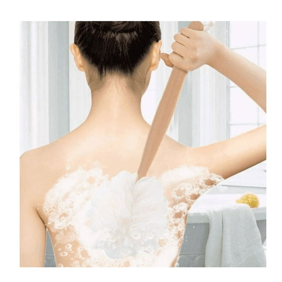 Loofah Back Scrubber for Shower, Wooden Long Handle Bath Sponge Shower Brush, Soft Nylon Mesh Back Cleaner Washer, Women & Men Exfoliating Luffa Pouf on a Stick for Body (White)