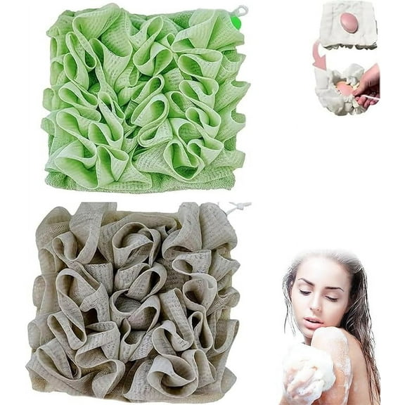 Loofah Cloth for Bar Soap, Soft Loofah and Washcloth, Lufa Loofah Washcloth, 2 in 1 Bath Loofah Sponge, Bath Ball Towel Loofah with Drawstring, Soap Loofah Pouch (2pcs-1)